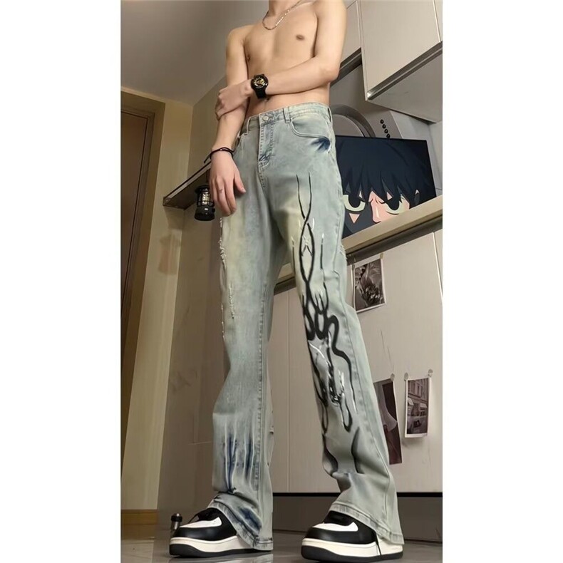 黄泥色火焰印花牛仔裤男款美式潮牌痞帅炸街直筒裤A8054-P46,男装牛仔裤,星座208-5