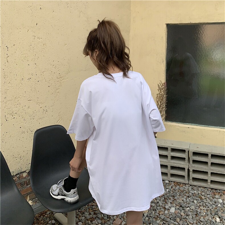 韩版新款宽松中长款设计感开叉抽绳小熊印花短袖T恤,男装T恤,星座506A