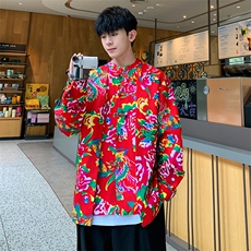 C88东北大花假两件长袖衬衫盘扣新中式汉服表演出团队男女大码潮，男装衬衫，星座115A-2