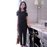 时尚显瘦露肩连体裤女夏季新款气质高腰修身九分裤套装，女装连体裤，贵人树