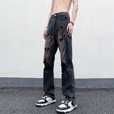 B221美式ins高街暗黑小众拉链喷墨破洞牛仔裤LK23085-P65控88，男装牛仔裤，电商B221