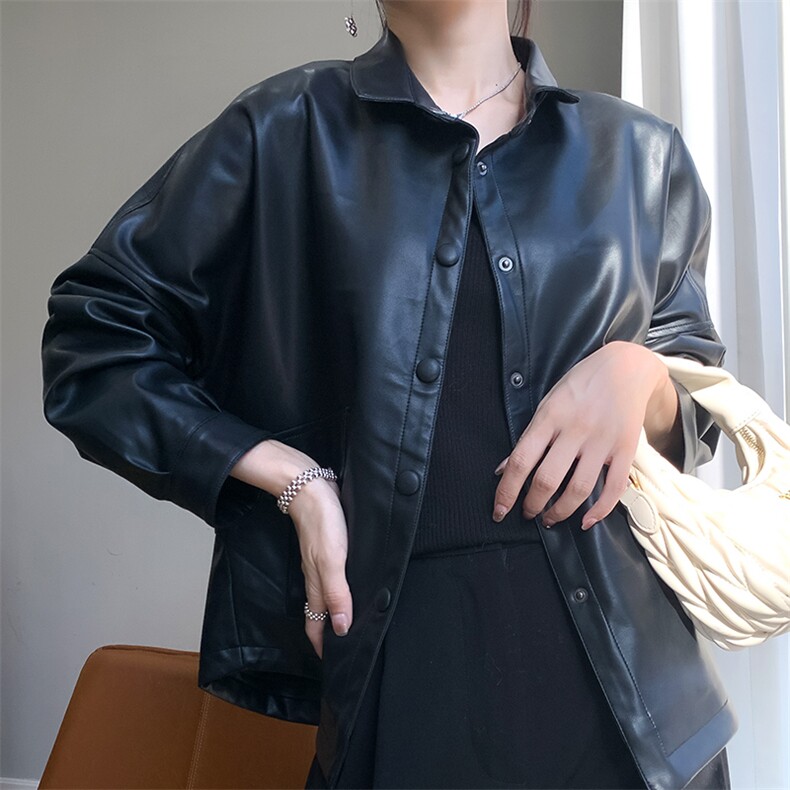 时尚韩版宽松显瘦百搭黑色皮衣外套女秋冬季新款气质休闲上衣,女装皮衣,佳绒高端店