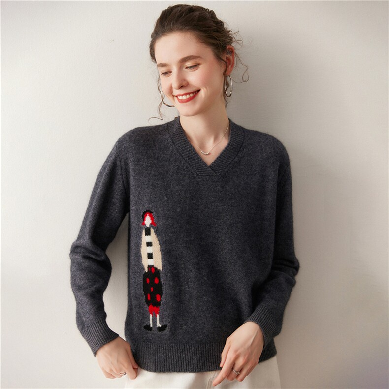 2025年秋季加厚套头宽松型提花V领三十岁不到通勤羊绒衫休闲/淑女，女装针织衫/毛衣，广悦羊绒