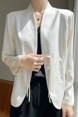 复古新中式醋酸缎面V领开衫女盘扣长袖提花外套上衣气质收腰外搭，女装短外套，圣丽羊绒
