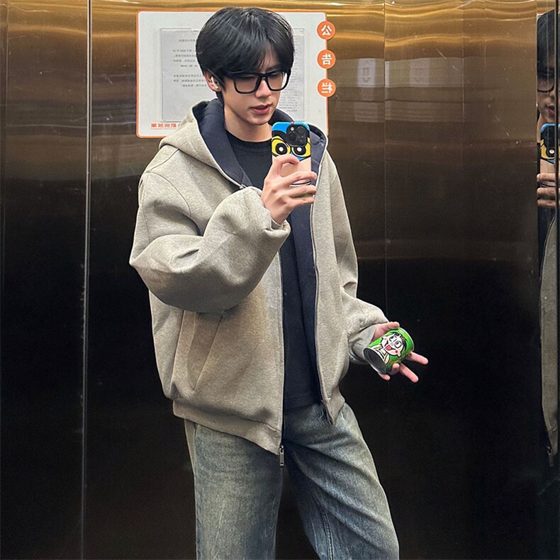 抖音得物高品质二开25秋冬美式重磅宽松结构双面连帽卫衣外套W68，男装卫衣，电商A486