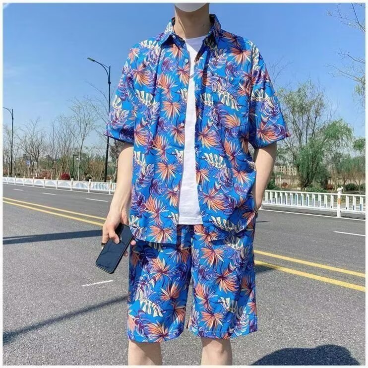 泰式花衬衫短裤套装男夏威夷沙滩短袖衬衣情侣装2025新款夏装外套,男装休闲套装,星座506A