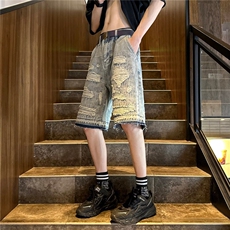 高街重破坏补丁猫须牛仔短裤男刮烂破洞潮夏季复古宽松五分裤男，男装牛仔裤，星座1013