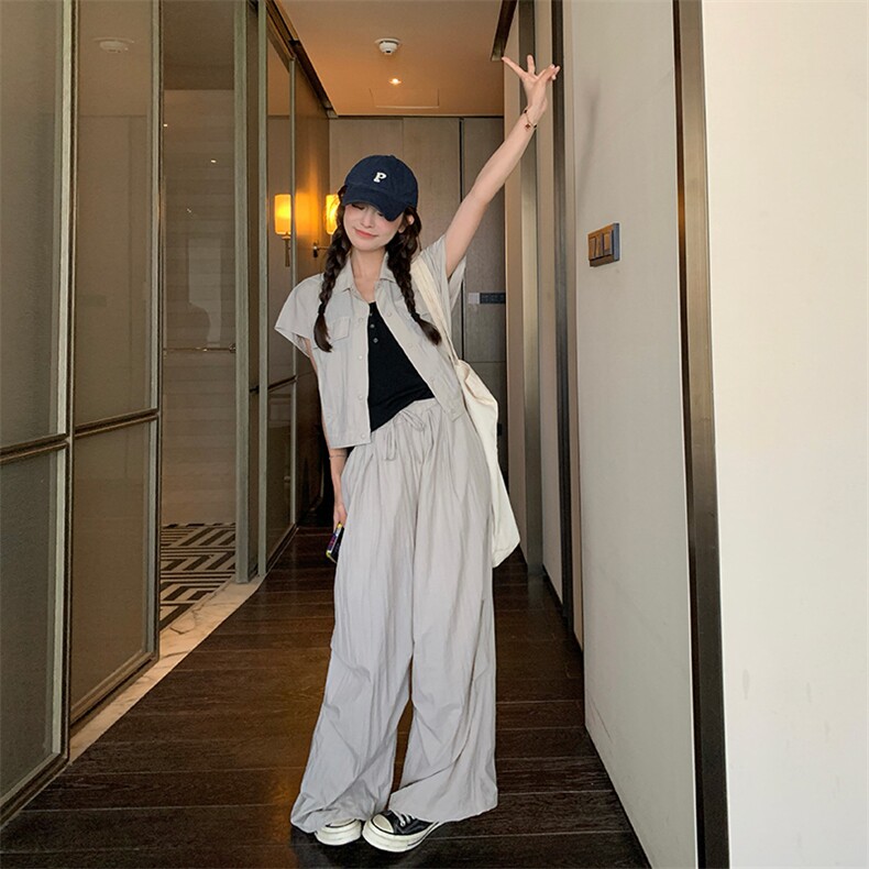 高级感炸街甜酷工装短袖套装女2025夏季新款时尚拖地阔腿裤两件套,女装套装/套裙,纯色衣恋