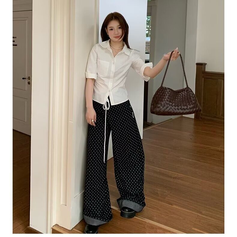 黑色波点直筒牛仔裤女2025新款夏季高腰显瘦宽松拖地阔腿休闲裤子,女装休闲裤,星座1210-1