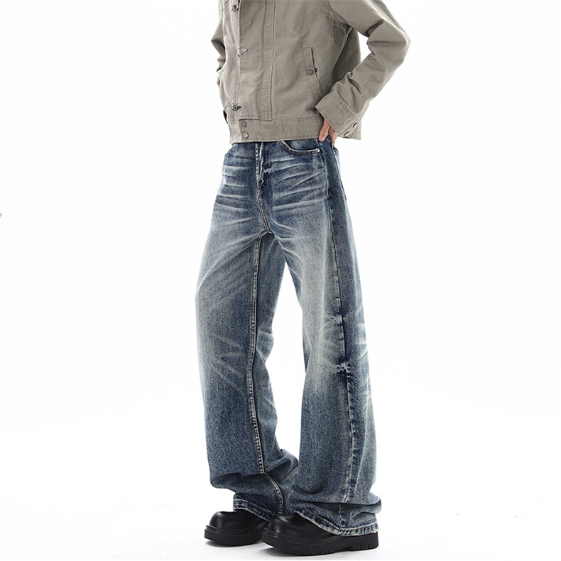 04深海蓝宽松直筒牛仔裤猫须蜂窝通勤长裤男XZ211-1-K2609-P55，男装牛仔裤，星座211-1