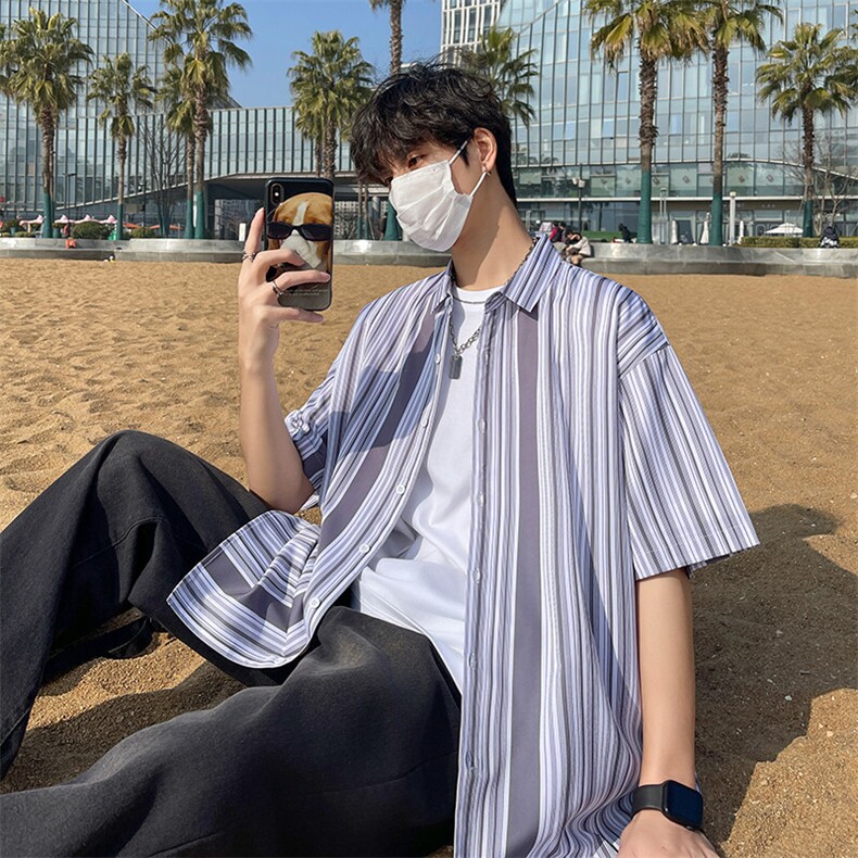 花衬衫男短袖夏季条纹休闲上衣服外套翻领大码衬衣A012/863P35图片