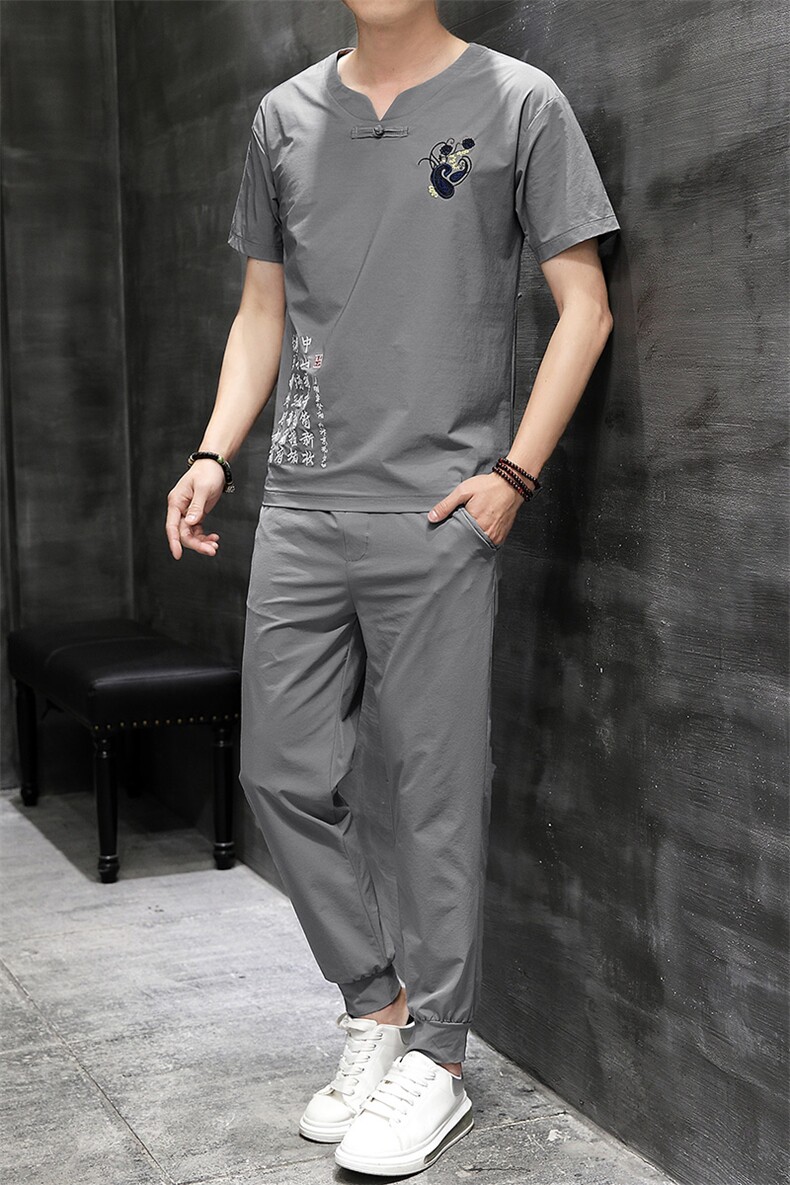 风刺绣短袖T恤套装男士大码宽松长裤男休闲复古潮HO15332-P58,男装休闲套装,星座1105-3