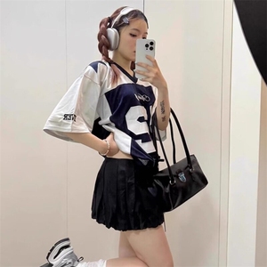 美式运动球衣短袖T恤男夏季潮牌宽松设计感小众情侣百搭撞色上衣图片