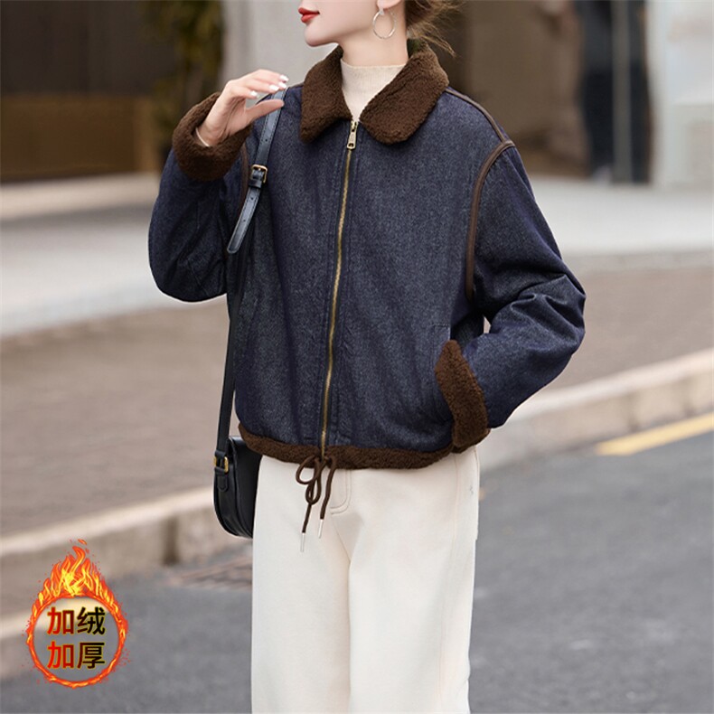 时尚拼接翻领加绒牛仔短外套女2024冬季新款小个子休闲羊羔毛棉服，女装羊羔毛/颗粒绒，美拉德工厂直营店
