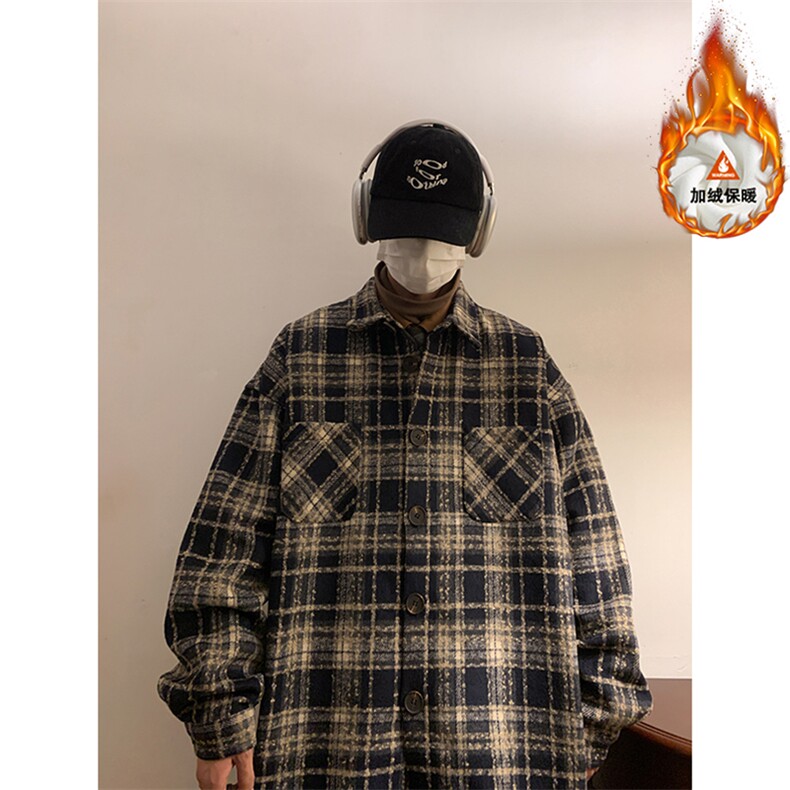 小香风百搭夹克外套拼色复古翻领宽松衬衫男C2166JR（加绒）特P48,男装夹克,电商A007