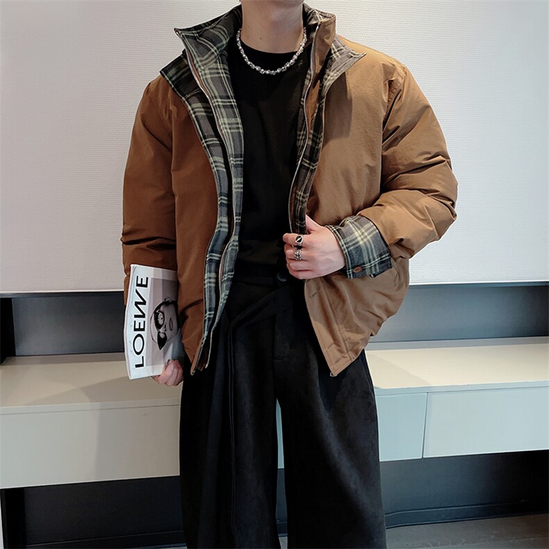冬季新款高级休闲格子拼接立领棉衣保暖棉服男M212-P158(档口图,男装棉衣,电商B267