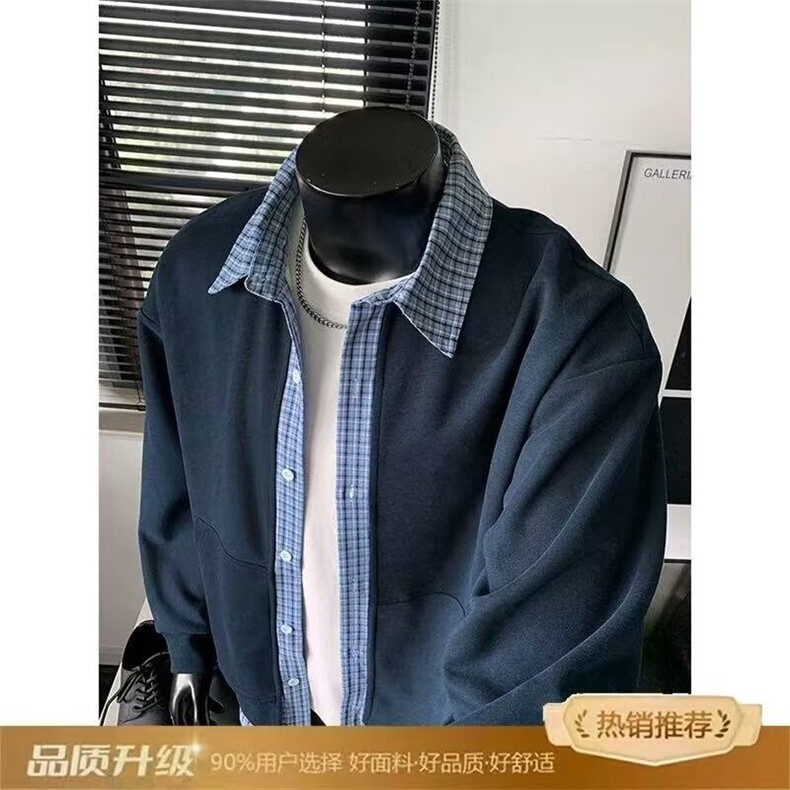 CS59-P45春季新款假两件格子情侣装衬衫领针织衫拼接休闲百搭,男装针织衫/毛衣,电商B323A