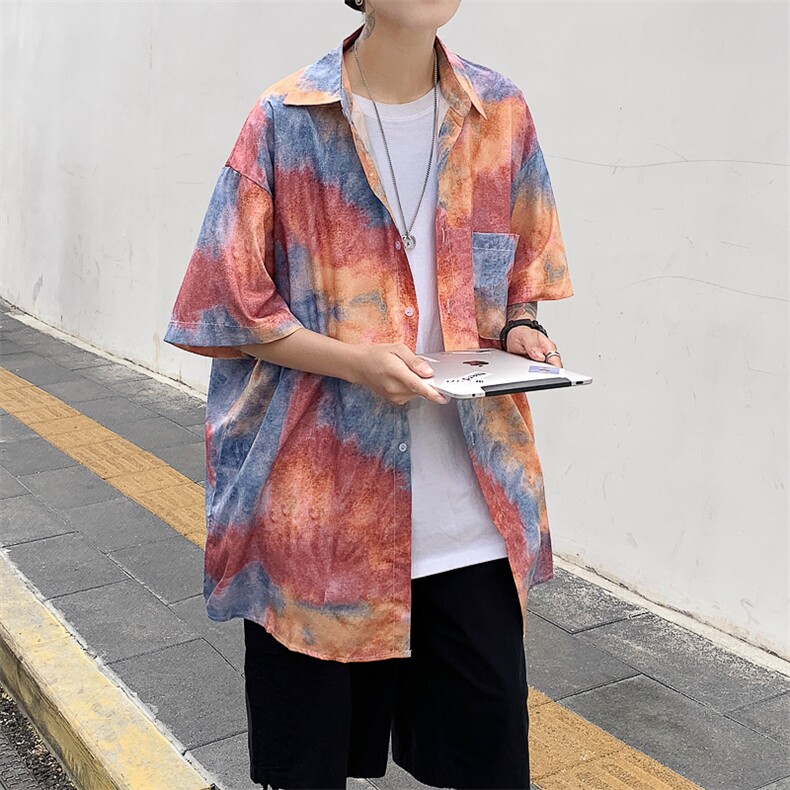 特P29控58夏季冰丝港风男宽松版扎染短袖衬衫CS11,男装衬衫,电商B370