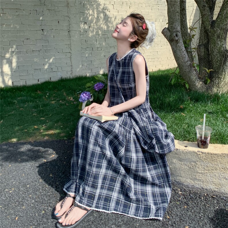 独特超好看格子无袖连衣裙女夏季2025绝美高级感气质背心长裙及踝,女装连衣裙,2C129