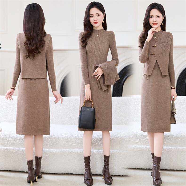 2024秋装新款显瘦两件套毛衣连衣裙时尚气质修身针织套装，女装套装/套裙，鑫鑫美