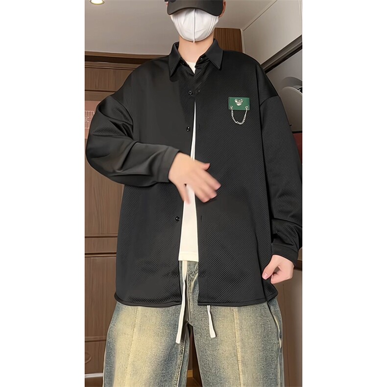 港风宽松挂链长袖衬衫男KD500-P50,男装衬衫,电商D312-1