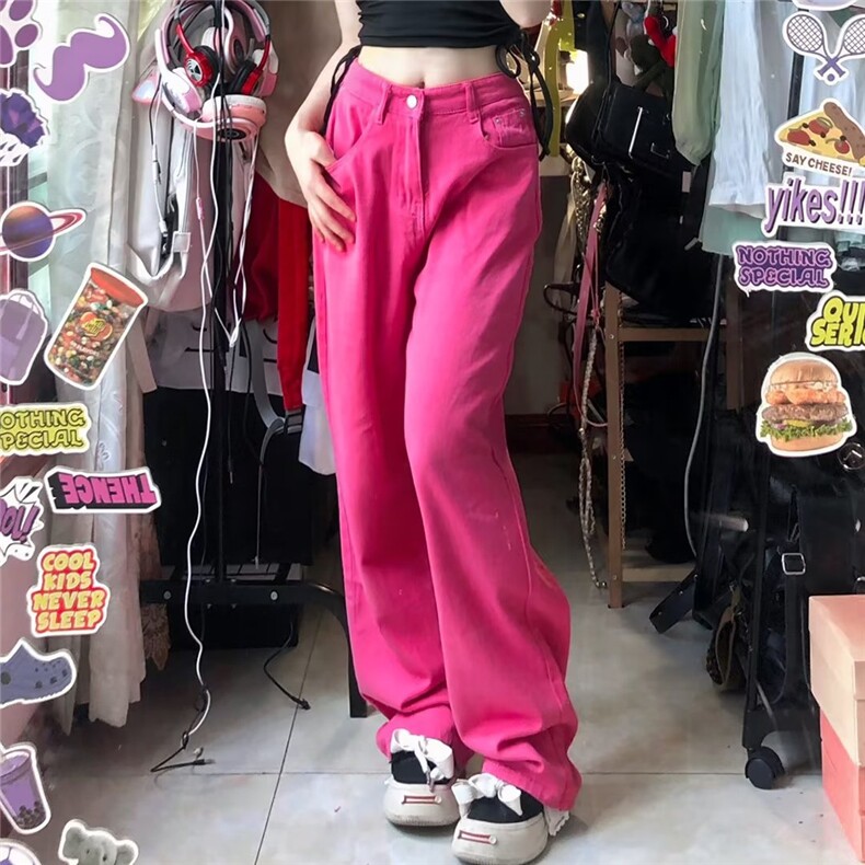 秋季新款韩版粉色直筒牛仔裤女高腰显瘦阔腿长裤阔腿裤子NT29-P42,男装牛仔裤,星座1008