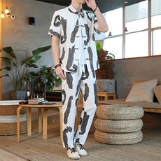 男士夏季风汉服棉麻透气舒适复古开衫唐装两件套HO6929-P65，男装民族服装，星座1105-3