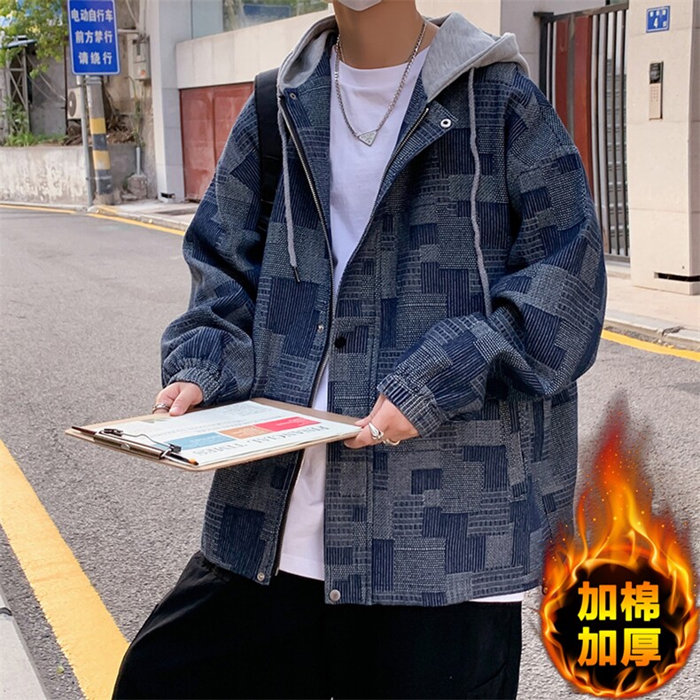 JK6007/P80加棉P90冬装港风牛仔连帽格子夹克男大码外套上衣男图片