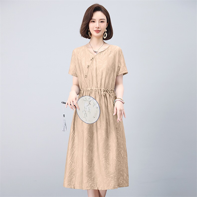 2025夏装新款新中式盘扣收腰显瘦短袖连衣裙,女装连衣裙,雪樱依海