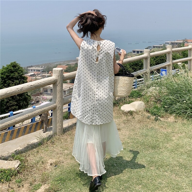 夏日小清新穿搭女2025新款波点长款无袖背心网纱百褶半身裙两件套,女装套装/套裙,2C201