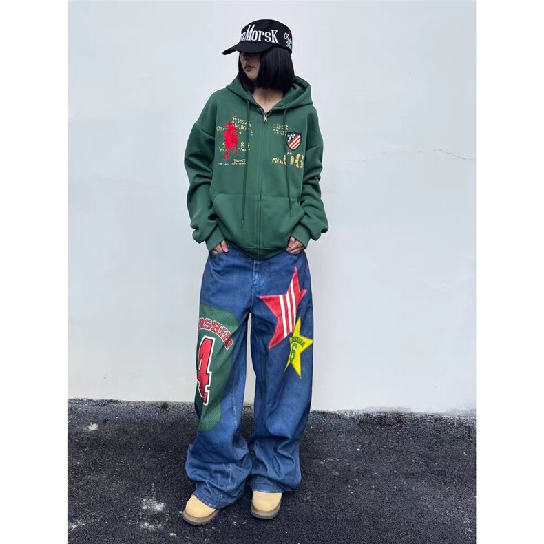 美式复古纽扣绑带叠穿弯刀牛仔裤男2025秋季新款设计感宽松阔腿裤,男装牛仔裤,星座715-4