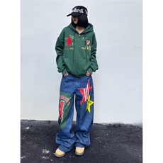 美式复古纽扣绑带叠穿弯刀牛仔裤男2025秋季新款设计感宽松阔腿裤，男装牛仔裤，星座715-4