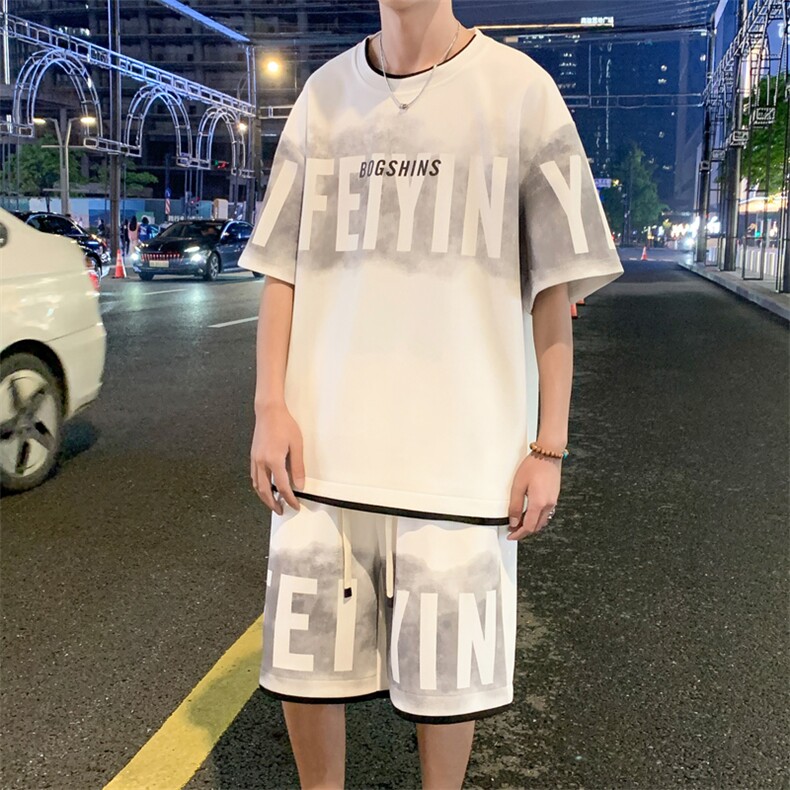 特P48无差价2025夏季新款假两件字母印花拼色五分裤套装男TZ611,男装休闲套装,电商C305A