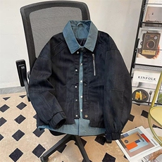 牛仔拼接假两件翻领外套男春秋痞帅衬衫领夹克上衣潮2877P100，男装夹克，星座410-2