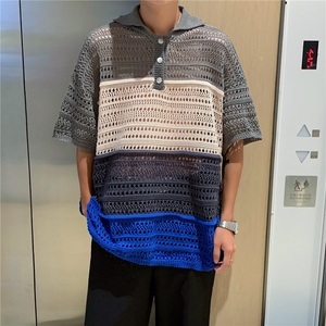 小众镂空拼接翻领polo纽扣针织短袖男宽松夏季拼色T恤Y044-P40图片
