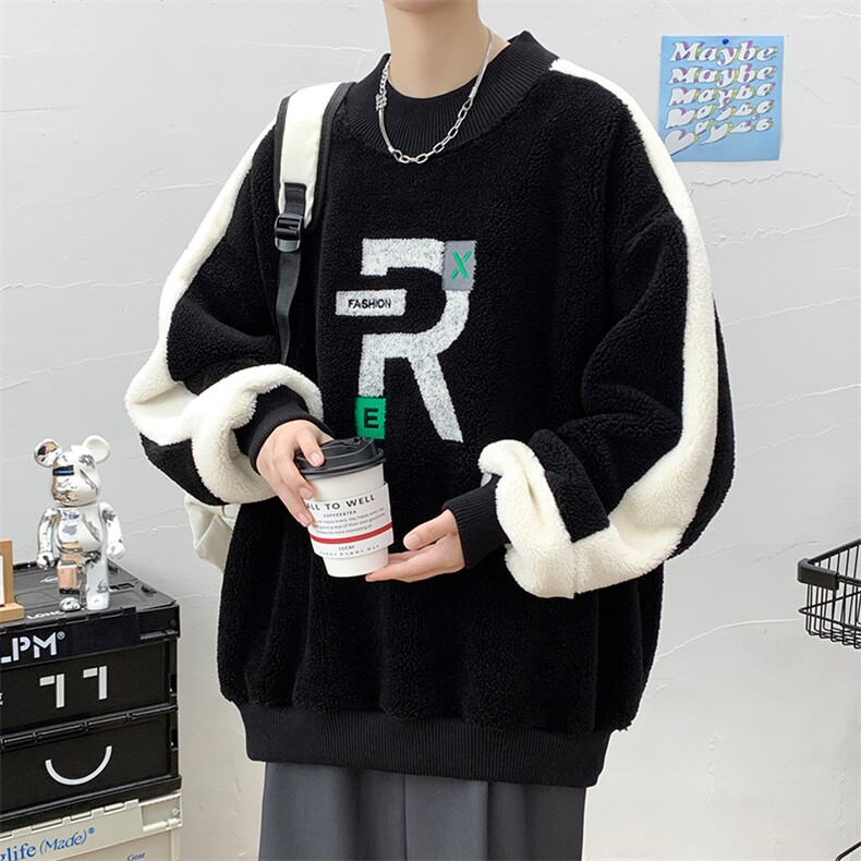 秋冬学生加绒加厚拼色毛巾绣卫衣羊羔绒外套男女970-P75控价98，男装卫衣，电商A441-1