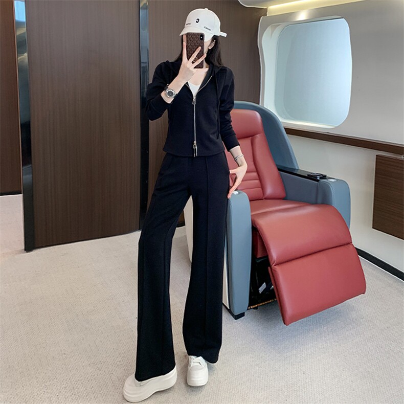 女秋时尚修身显瘦连帽开衫长袖阔腿裤套装,女装套装/套裙,江南
