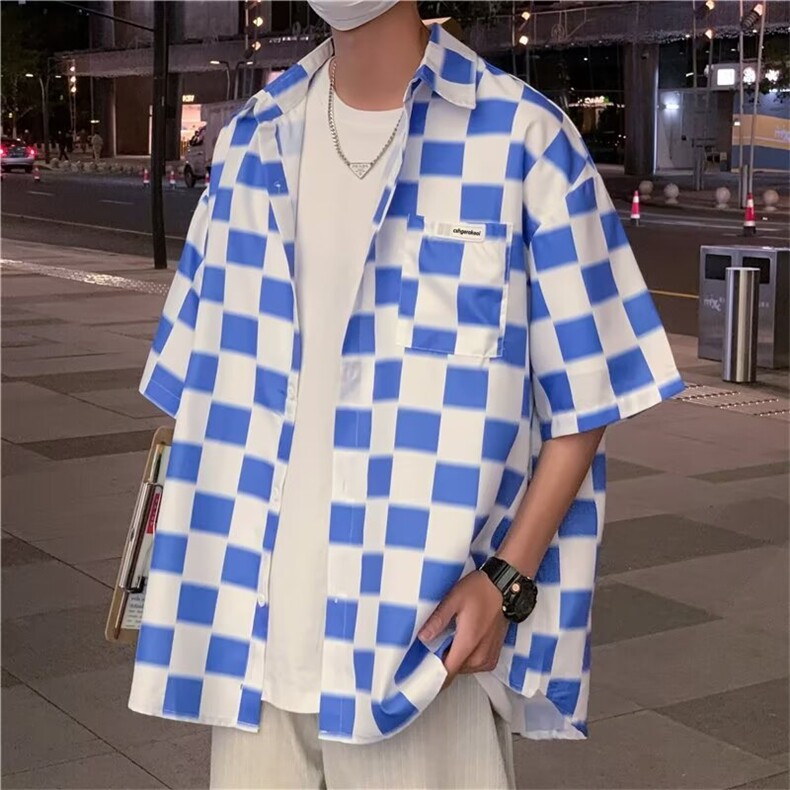 F183-P302024夏季新款ins潮牌宽松半袖衬衣棋盘格短袖衬衫男现货,男装衬衫,星座512-6