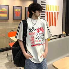 抖音得物高品质二开240克宽松纯棉美式潮牌三条杠织带短袖T恤，男装T恤，电商A486-1