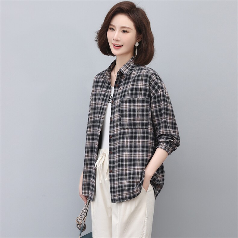 格子衬衫女长袖2025新款春秋衬衣春款漂亮小衫妈妈上衣,女装衬衫,忆绮罗