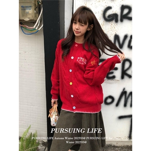 1506-01/M65691/P59韩系复古圆领针织开衫麻花红色毛衣显瘦衣男女图片