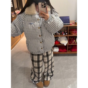 韩版复古条纹翻领棉服外套女学生冬季美式加厚简约保暖面包服棉衣图片