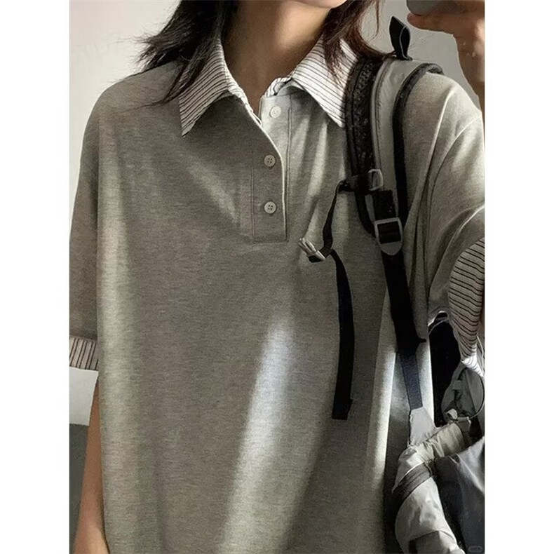 2026美式学院风polo衫宽松短袖t恤女夏季条纹假两件翻领灰色上衣,男装T恤,星座506A