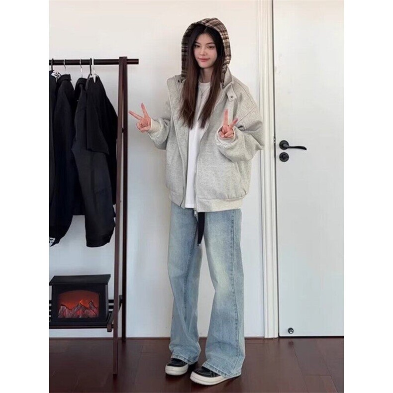 美式秋冬季2024假两件格子连帽棉服男女同款复古街头拉链上衣外套,男装夹克,星座506A