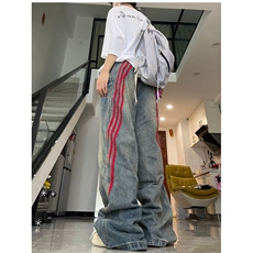 DN934-P58新款侧条纹牛仔裤秋季美式水洗裤潮牌阔腿长裤-网图现货，男装牛仔裤，星座603-2