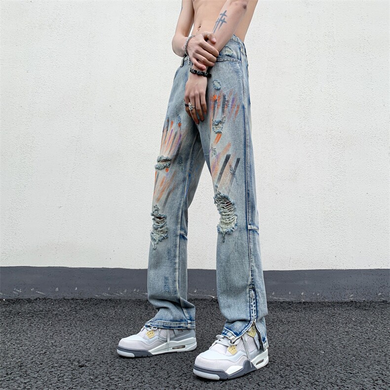 B221美式ins高街暗黑小众拉链喷墨破洞牛仔裤LK23085-P65控88,男装牛仔裤,电商B221