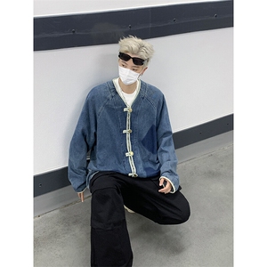 日系风男装盘扣设计无领夹克牛仔外套秋季宽松上衣潮JK075-P75图片