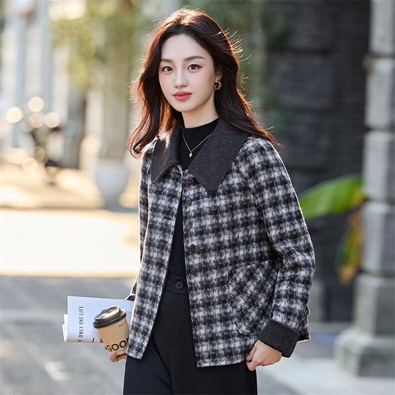小香风格纹毛呢短外套女2025秋冬新款减龄气质翻领双面羊毛呢大衣,女装毛呢外套,涵亦佰惠
