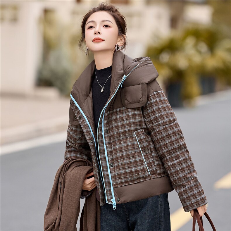 格子连帽羽绒服女小个子冬装2025新款高端时尚百搭保暖白鸭绒外套,女装羽绒服,浙宝029