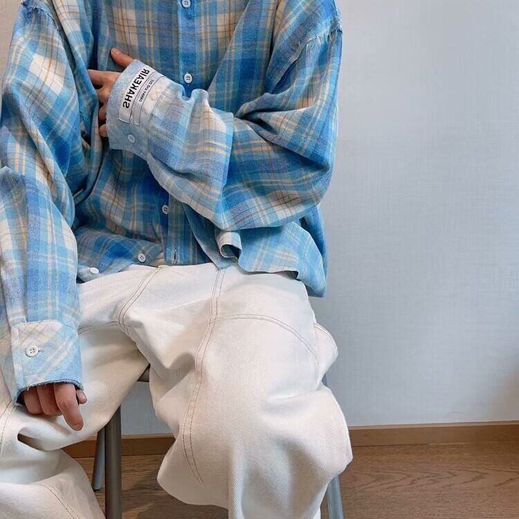 复古百搭水蓝做旧毛边渐变印花格子长袖衬衫男513CS1900P30,男装衬衫,星座513